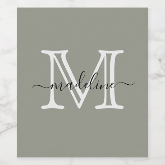 Moderne Elegante Script Groene Mist Monogram Wijn Etiket (Enkel label)