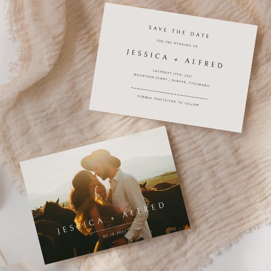 Moderne Elegante Script Horizontale Trouwfoto Save The Date