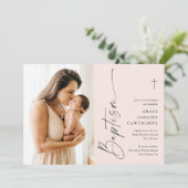 Moderne Elegante Script Meisjes Foto Doop Kaart (Staand voorkant)