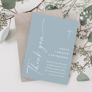 Moderne Elegante Script Stof Blauw Jongens Doop Bedankkaart