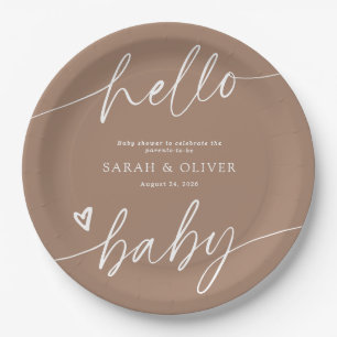 Moderne Elegante Script Tan Bruine Baby Shower Papieren Bordje