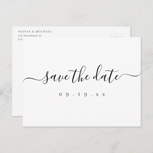 Moderne, elegante scriptbruiloft, sla de datum op aankondigingskaart (Voorkant / Achterkant)