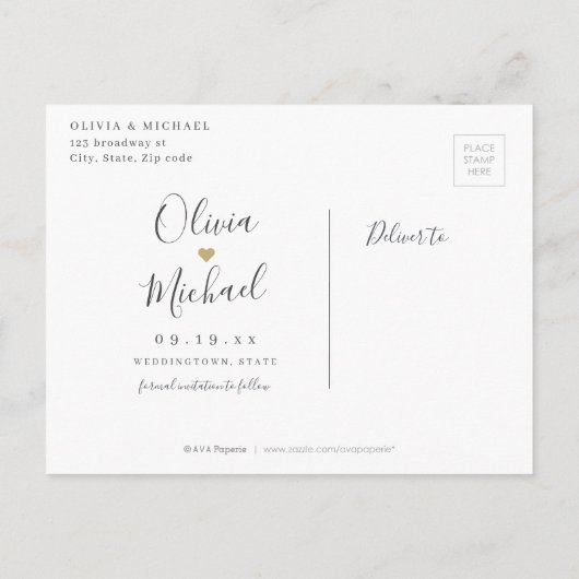 Moderne, elegante scriptbruiloft, sla de datum op aankondigingskaart (Achterkant)