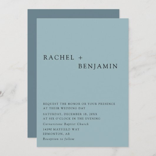 Moderne Elegante Stoffige Blauwe Bruiloft 2 Zijde Kaart (Voorkant / Achterkant)