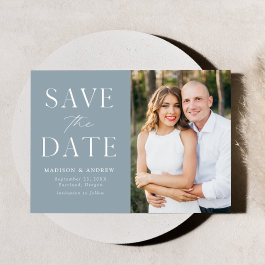 Moderne Elegante Stoffige Blauwe Foto Save The Date