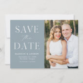 Moderne Elegante Stoffige Blauwe Foto Save The Date (Voorkant)