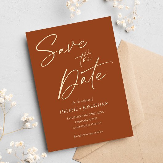 Moderne elegante terracotta bruiloft save the date kaart