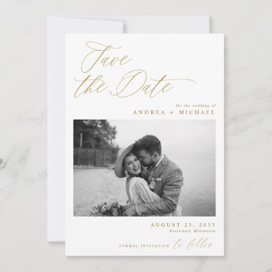 Moderne Elegante Trouwfoto Goud Save The Date (Voorkant)