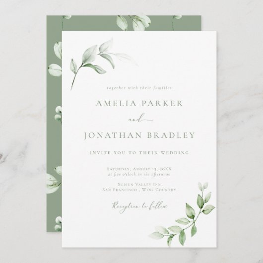 Moderne Elégante Verdure Mariage Invitations (Devant / Derrière)