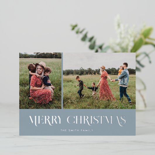 Moderne elegante vrolijke kerst 2 foto folie feestdagenkaart (Staand Voorkant)