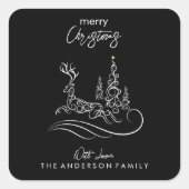 Moderne elegante vrolijke kerstboom en rendier vierkante sticker (Voorkant)
