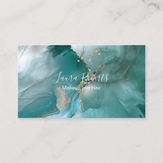 Moderne, elegante Waterverf Blauwgroen en goud Visitekaartje (Voorkant)