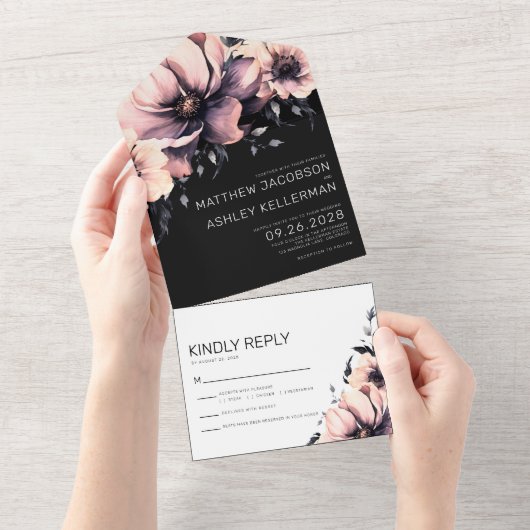 Moderne Elegante Waterverf Bloemen Roze Bruiloft All In One Uitnodiging (Afscheurbaar)