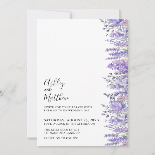 Moderne Elegante Waterverf Paarse Bloemen Bruiloft Kaart (Voorkant)
