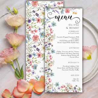 Moderne Elegante Waterverf Wildflower Bruiloft Menu