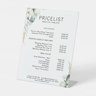 Moderne, elegante witte bloemen, prijslijst reclamebord met voetstuk
