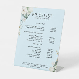 Moderne, elegante witte bloemen, prijslijst reclamebord met voetstuk