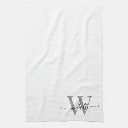 Moderne Elegante Witte Grijze Monogramnaam Schrift Theedoek (Verticaal)