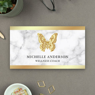 Moderne Elegante Witte Marmer Gouden Folie Vlinder Visitekaartje