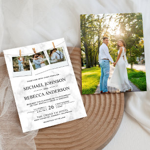 Moderne Elegante Witte Marmeren Fotocollage Trouwf Kaart