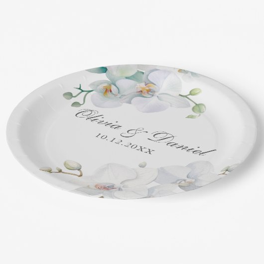 Moderne Elegante Witte Orchidee Bruiloft Papieren Bordje (Gekanteld)
