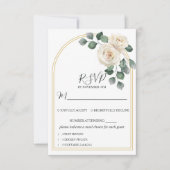 Moderne Elegante Witte Roos & Gouden Boog Bruiloft RSVP Kaartje (Voorkant)