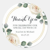 Moderne Elegante Witte Rose Bruiloft Ronde Sticker (Voorkant)