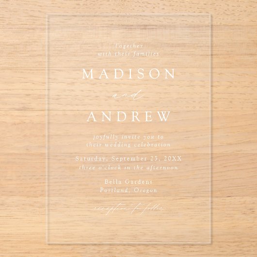 Moderne elegante witte script bruiloft acryl uitnodigingen (Voorkant)