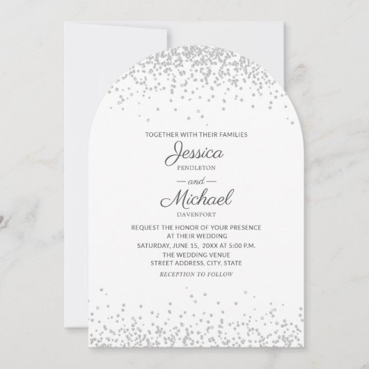 Moderne elegante witte zilveren glitter boog bruil kaart (Voorkant)