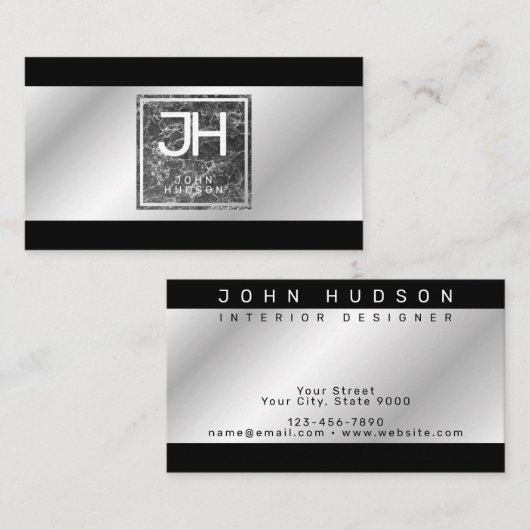 Moderne Elegante Zilveren en Zwarte Sjabloon Zakel Visitekaartje (Voorkant / Achterkant)