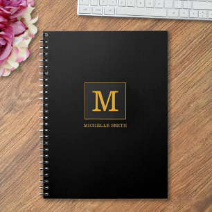 Moderne Elegante Zwart Gouden Monogram Naam Notitieboek