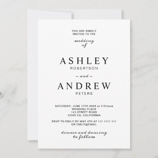 Moderne elegante zwart wit typografie bruiloft kaart (Voorkant)