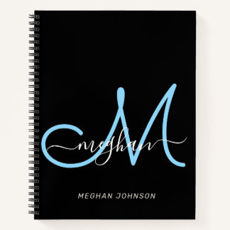 Moderne Elegante Zwarte Blauwe Script Monogram Notitieboek