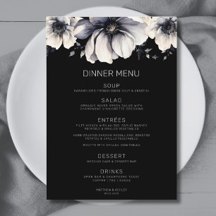 Moderne Elegante Zwarte Bloemige Bruiloft Menu