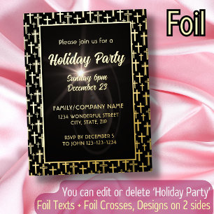 Moderne Elegante Zwarte en Gouden Kruisen Script L Folie Uitnodiging Briefkaart