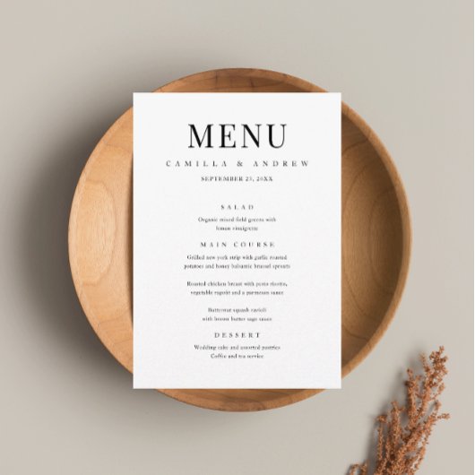 Moderne Elegante Zwarte en Witte Huwelijk Menu
