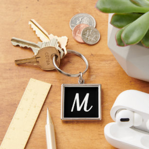 Moderne Elegante Zwarte en Witte Monogram Sleutelhanger