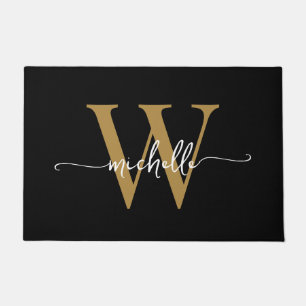 Moderne Elegante Zwarte Gouden Monogram Naam Scrip Deurmat