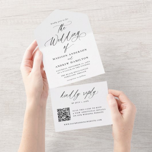 Moderne elegante zwarte kalligrafie bruiloft all in one uitnodiging (Afscheurbaar)