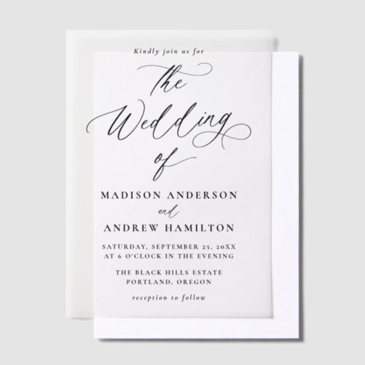 Moderne elegante zwarte kalligrafie bruiloft vellum uitnodigingen (Offset)