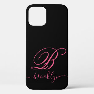 Moderne Elegante Zwarte Roze Handgeschreven Monogr iPhone 12 Hoesje