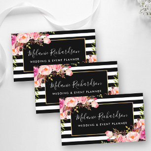 Moderne elegante zwarte strippink Floral Visitekaartje