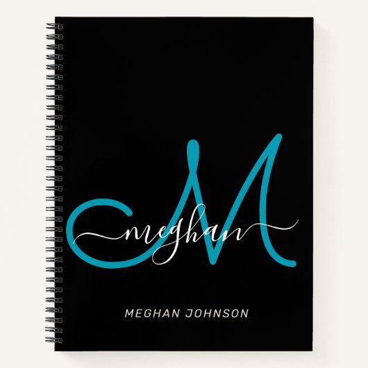 Moderne Elegante Zwarte Teal Script Monogram Notitieboek (Voorkant)