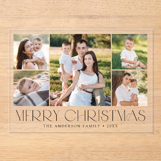 Moderne Elegante Zwarte Vrolijke Kerstfoto Collage Acryl Uitnodigingen (Voorkant)
