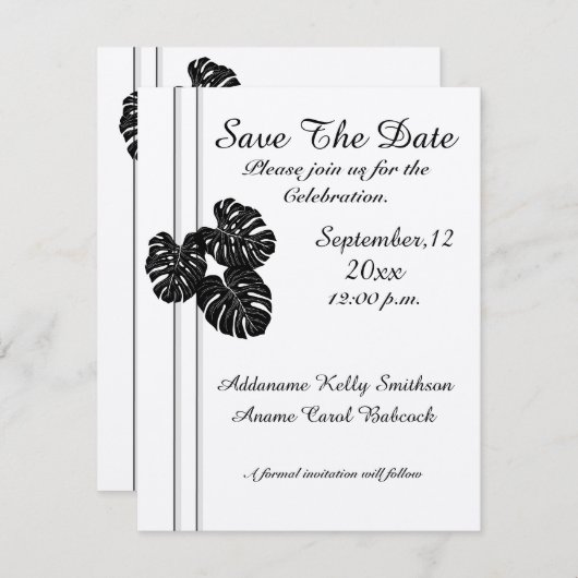 Moderne elegante zwarte witte grafische bladeren save the date (Voorkant / Achterkant)