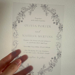 moderne elegantie bloemenbruiloft acryl uitnodigingen