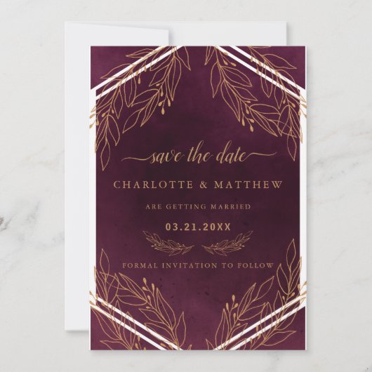 Moderne Elegantie Bordeaux en Goud Save The Date (Voorkant)