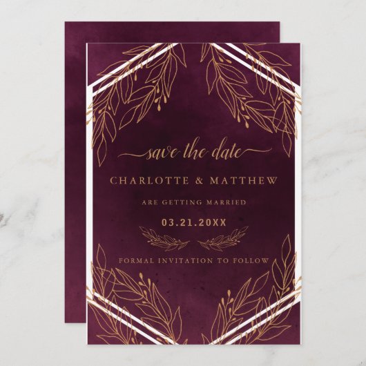 Moderne Elegantie Bourgondiër en Goud Save The Date (Voorkant / Achterkant)