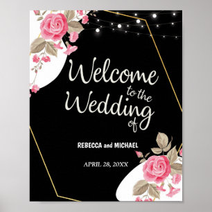 Moderne Elegantie Roze Bloemen string licht Bruilo Poster