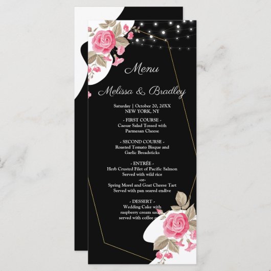 Moderne Elegantie Roze Bloemen string licht Menu (Voorkant / Achterkant)